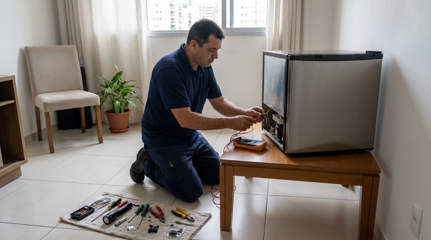 Técnico fazendo manutenção do motor de frigobar em Maringá‑PR