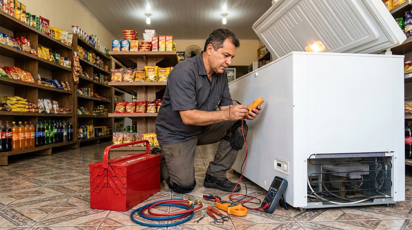 Recarga de gás refrigerante no freezer durante atendimento em Maringá‑PR