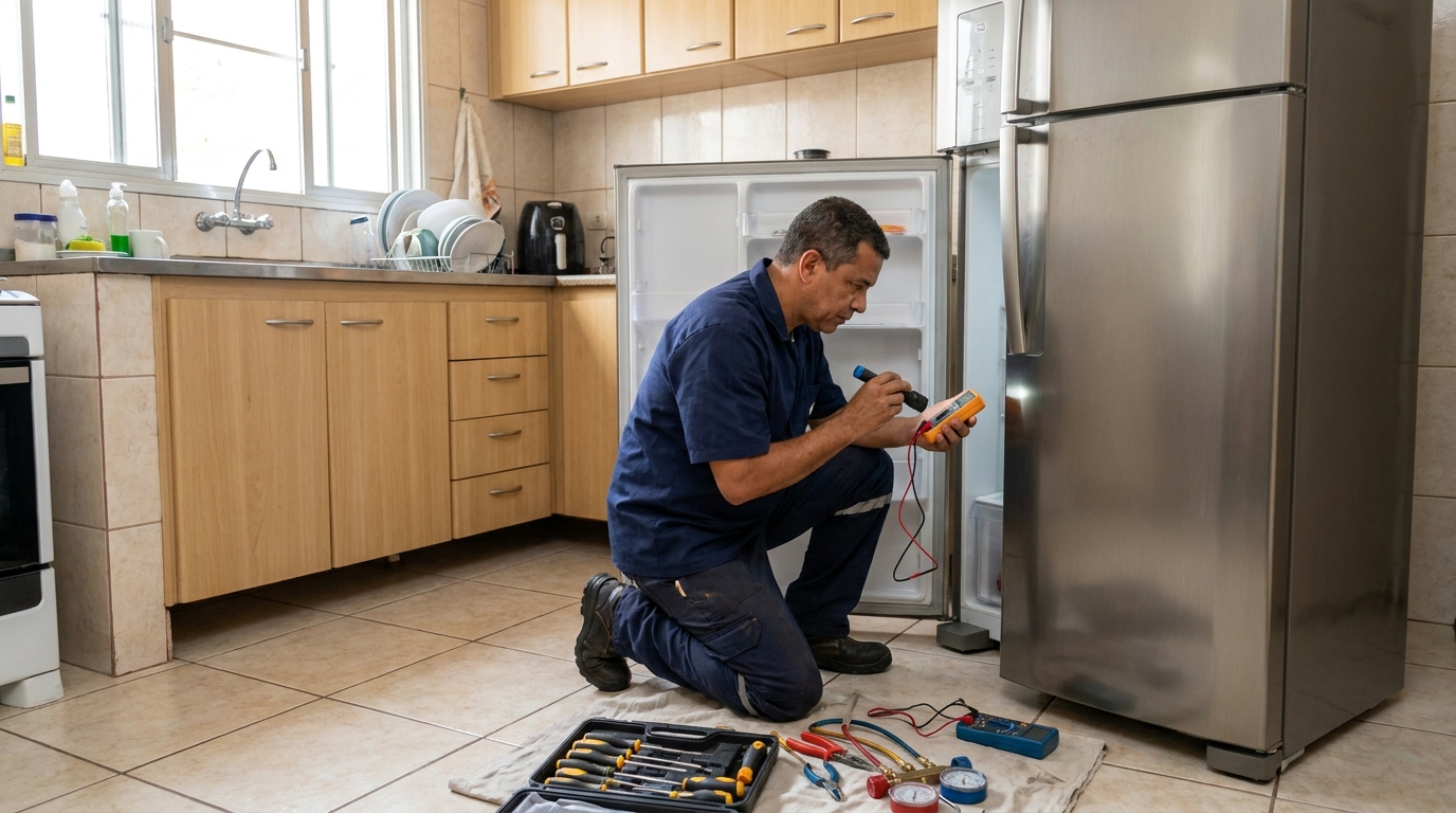Técnico aplicando recarga de gás refrigerante em geladeira em Maringá‑PR