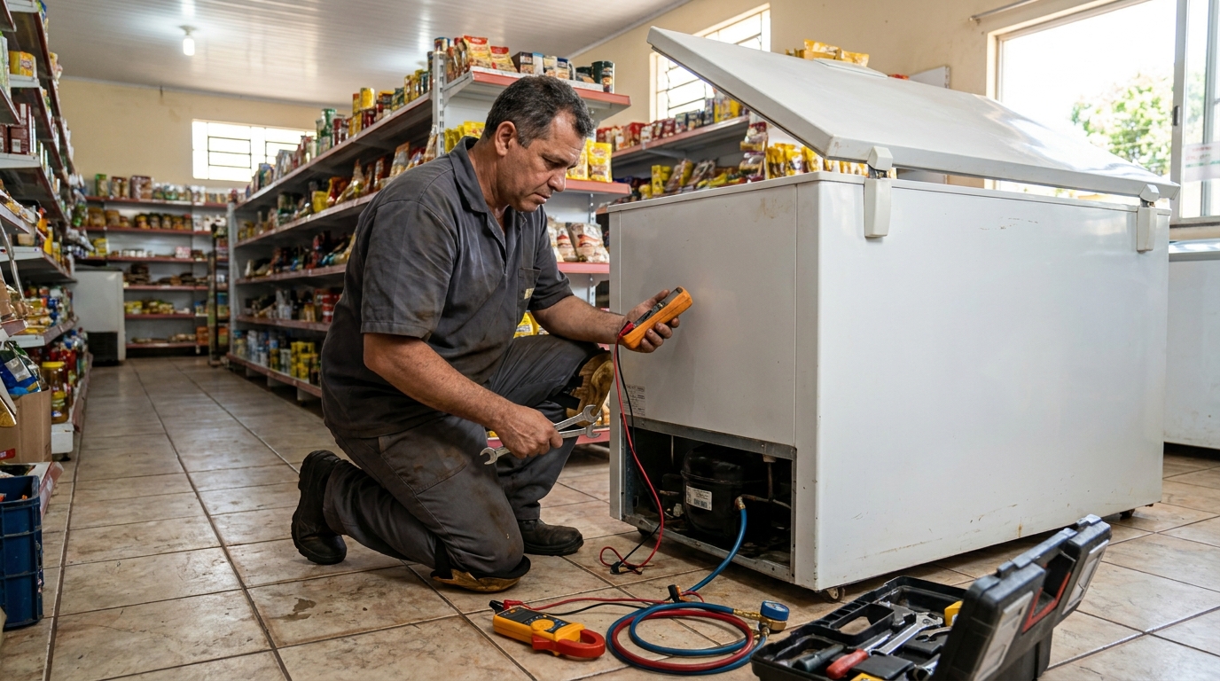 Substituição de termostato de freezer em visita técnica em Maringá‑PR